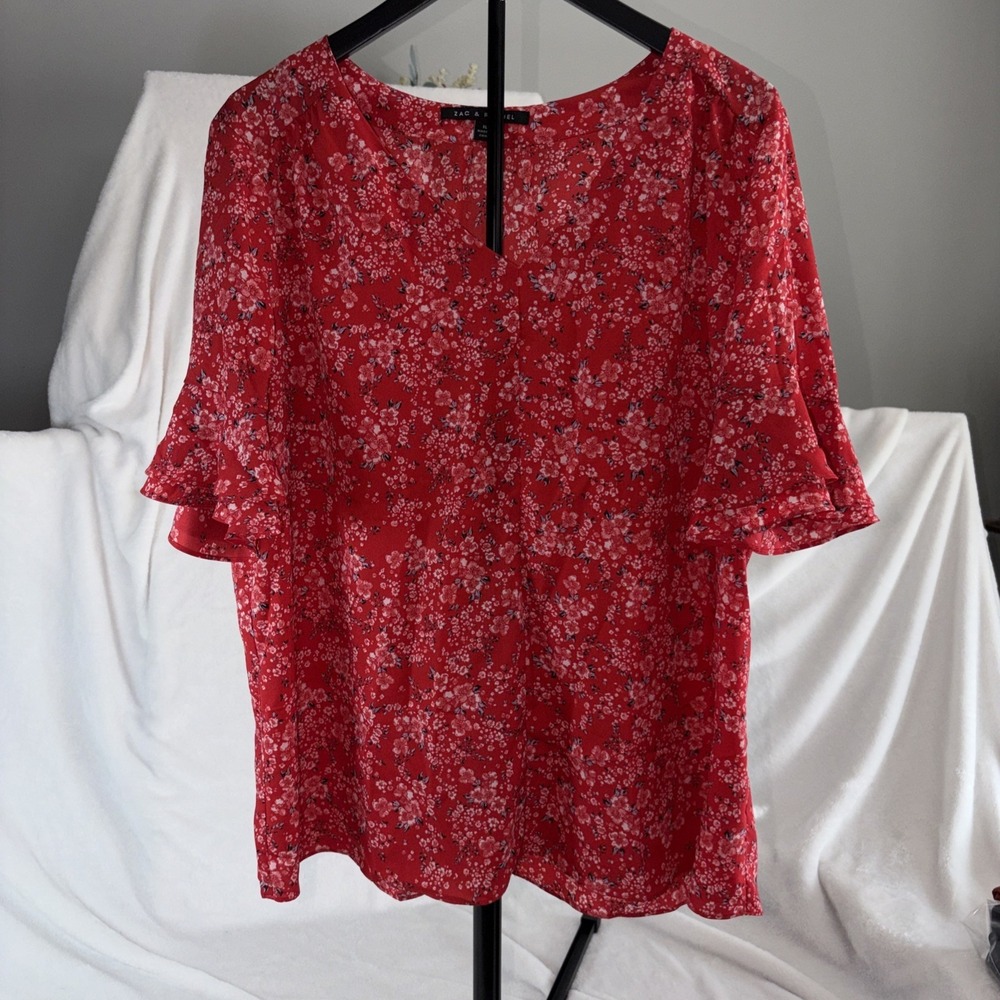 Zac & Rachel Red Ditsy Floral V-Neck Blouse with Flutter Sleeves XL Feminine